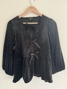 Modern Works Black Velvet Polka-Dot Tie-Front Peplum Blouse